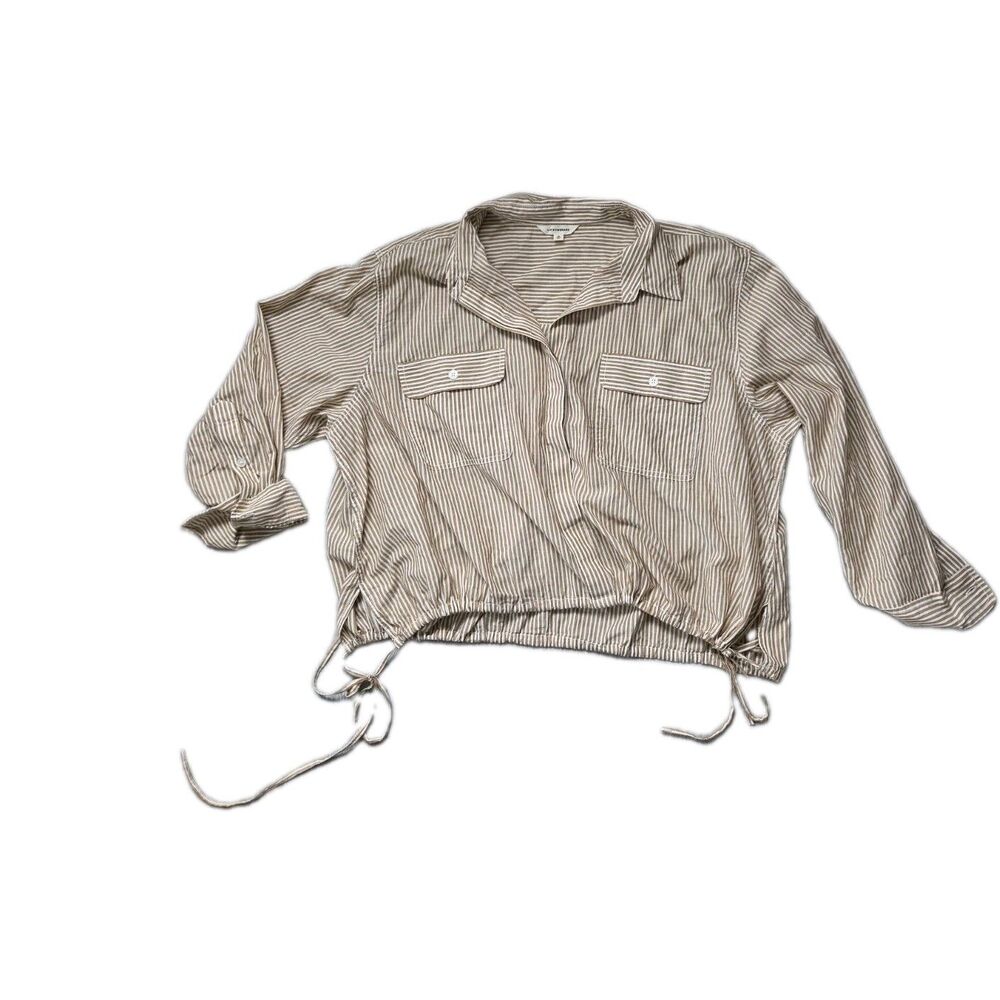 Lucky Brand Women's XL Tan White Striped Button Down Shirt Cropped Drawstring